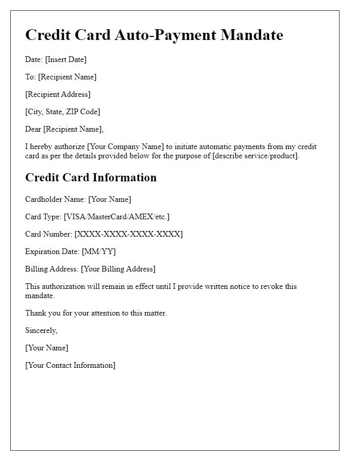 Letter template of mandate for ongoing credit card auto-payment processing