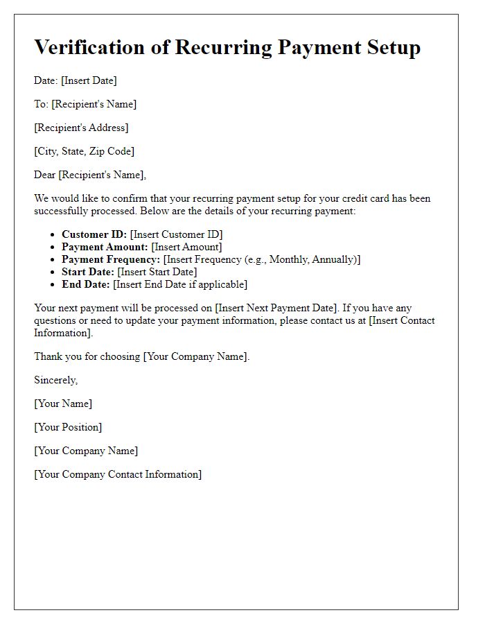 Letter template of verification for credit card recurring payment setup