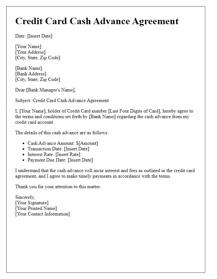 Letter template of credit card cash advance agreement