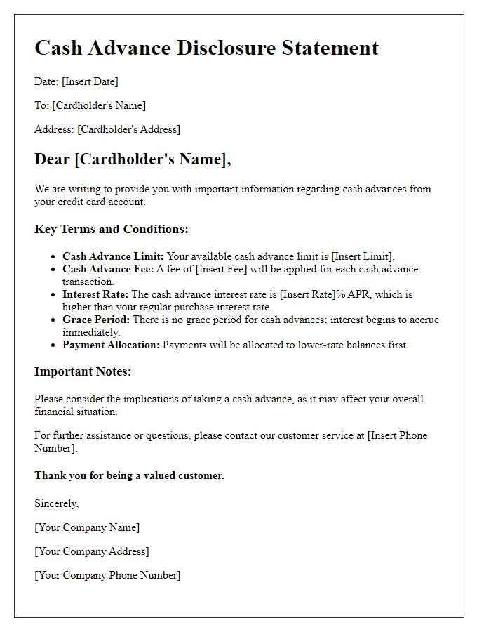 Letter template of credit card cash advance disclosure