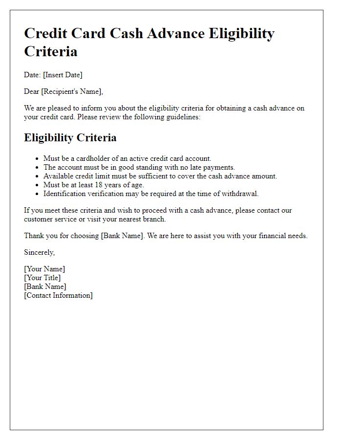 Letter template of credit card cash advance eligibility criteria