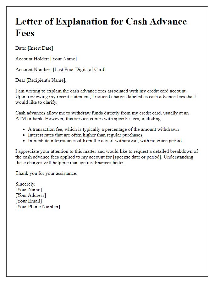 Letter template of credit card cash advance fees explanation