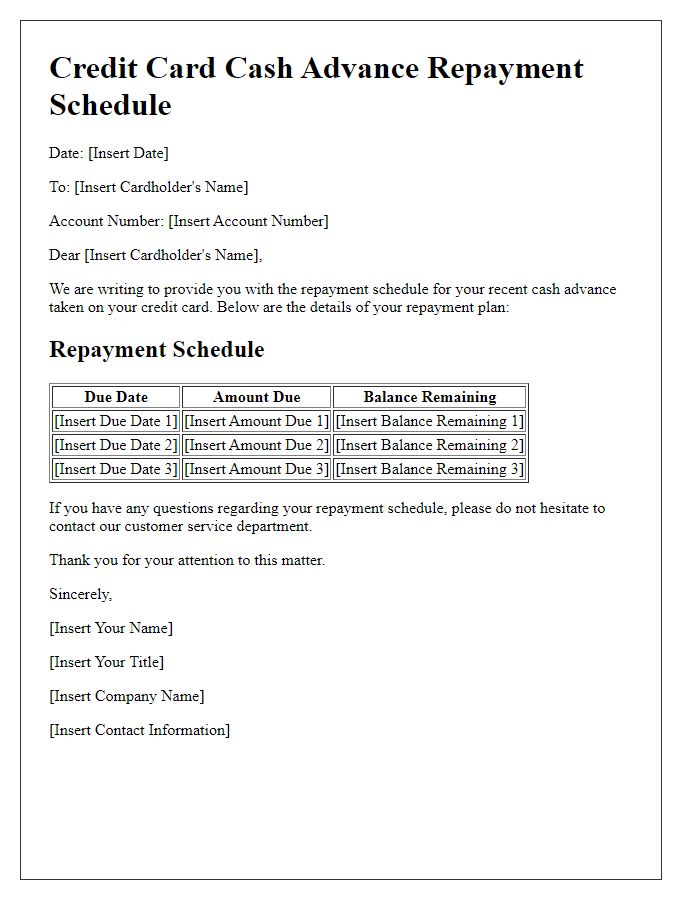 Letter template of credit card cash advance repayment schedule