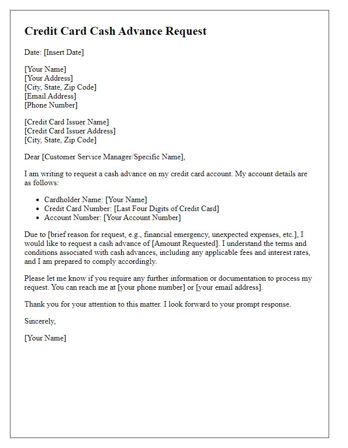 Letter template of credit card cash advance request