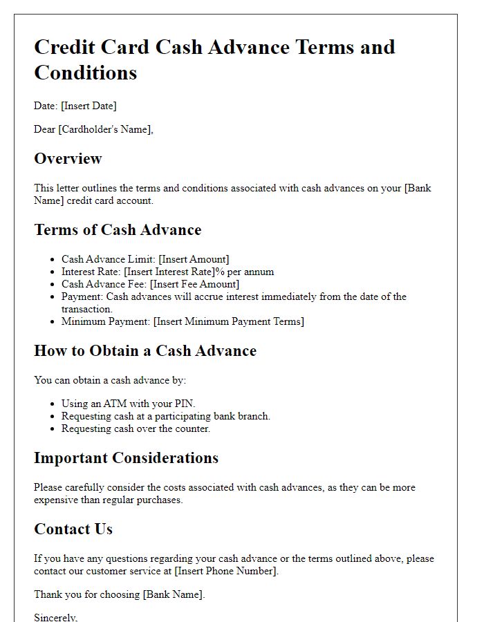 Letter template of credit card cash advance terms and conditions