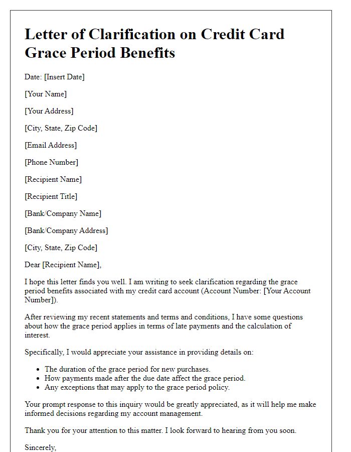 Letter template of clarification on credit card grace period benefits.