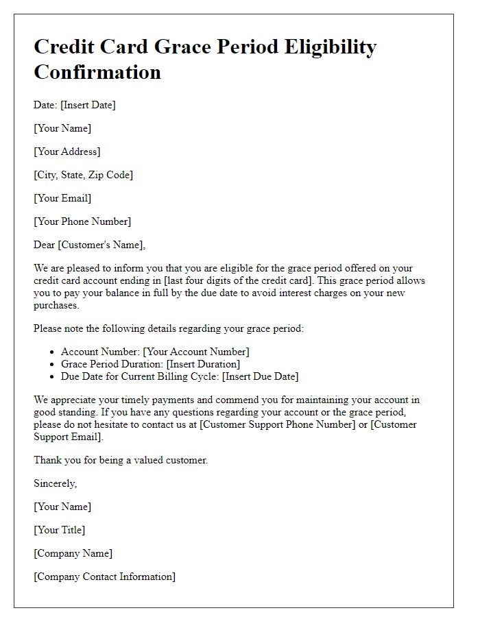 Letter template of confirmation of credit card grace period eligibility.