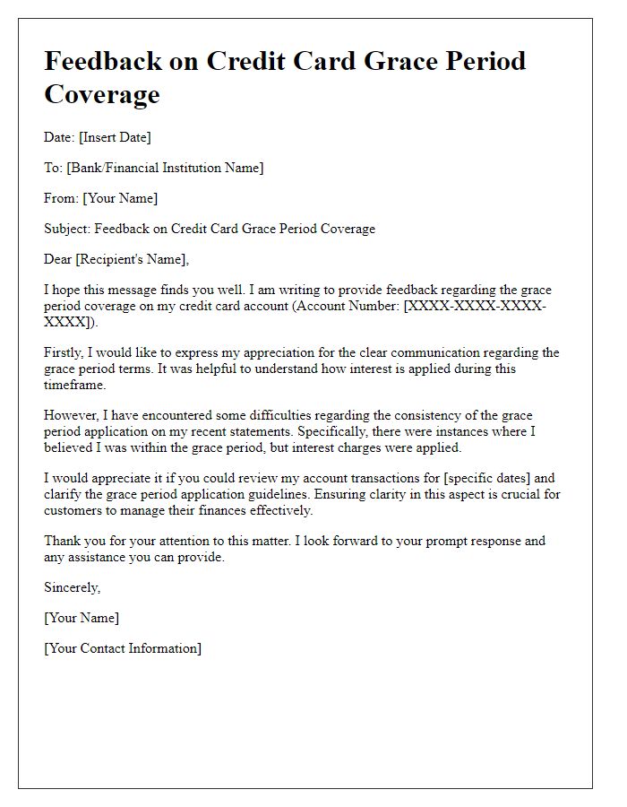 Letter template of feedback on credit card grace period coverage.