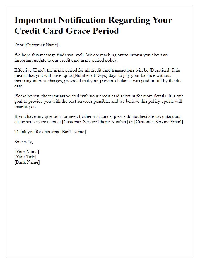 Letter template of notification regarding credit card grace period policy.