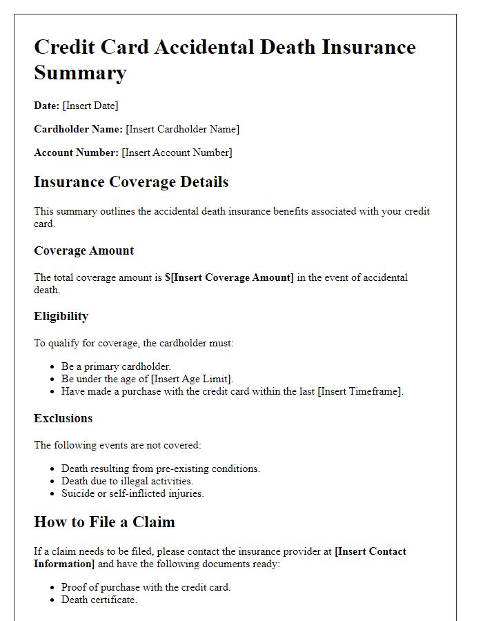 Letter template of credit card accidental death insurance summary