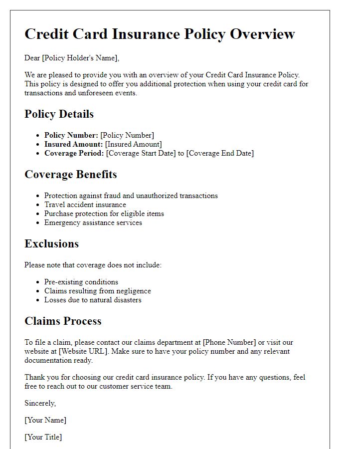 Letter template of credit card insurance policy overview