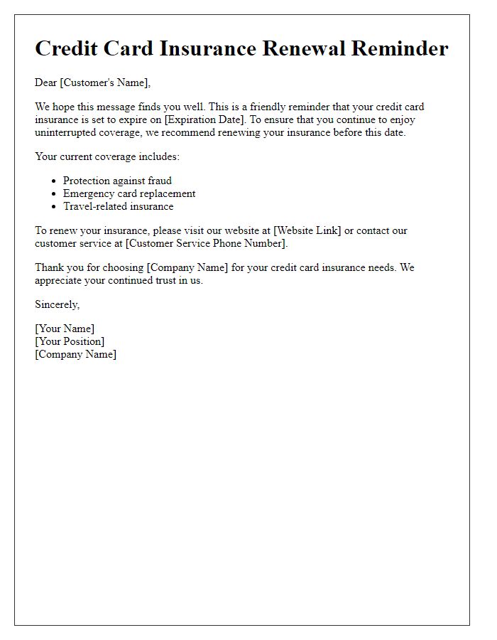 Letter template of credit card insurance renewal reminders