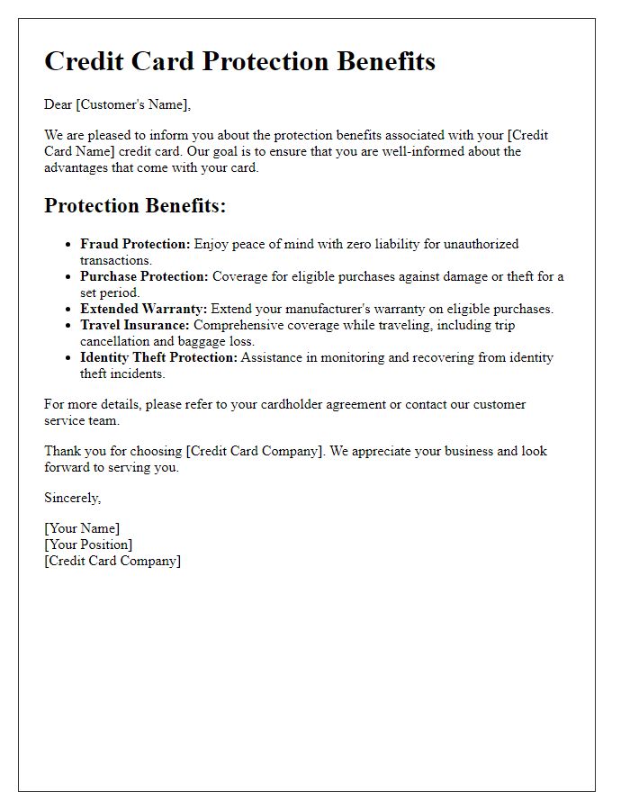 Letter template of credit card protection benefits explanation