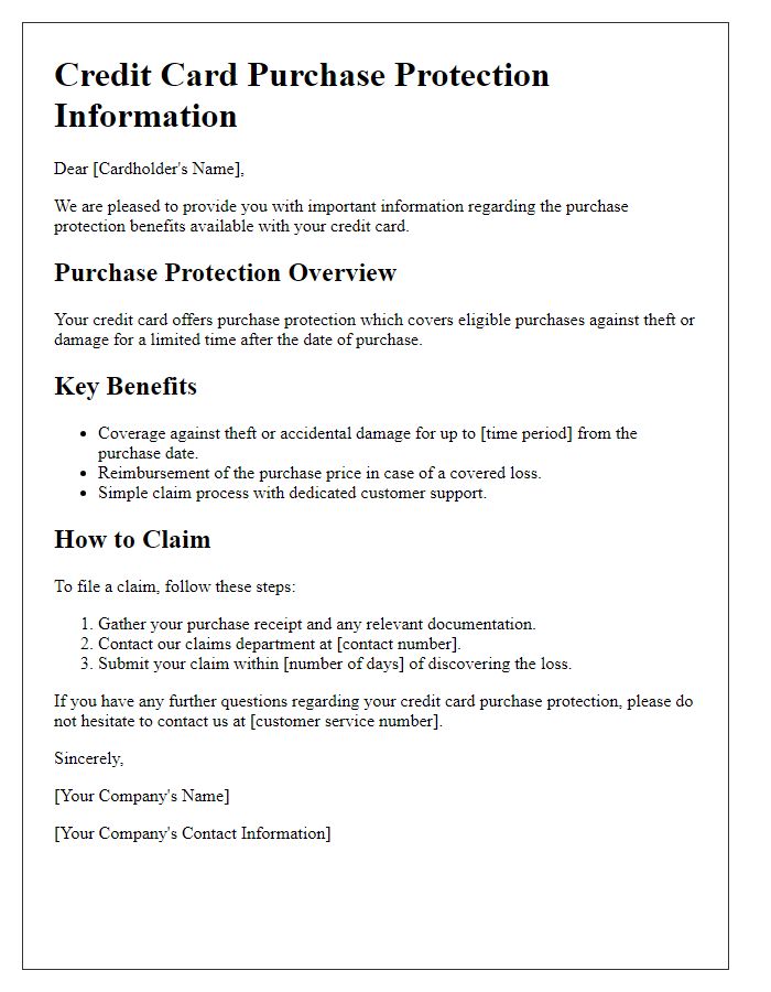 Letter template of credit card purchase protection information