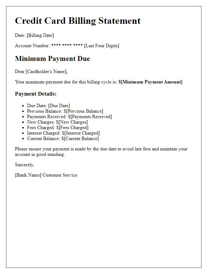 Letter template of credit card billing statement minimum payment details.