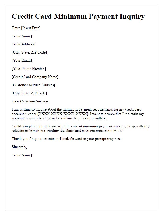 Letter template of credit card minimum payment inquiry.