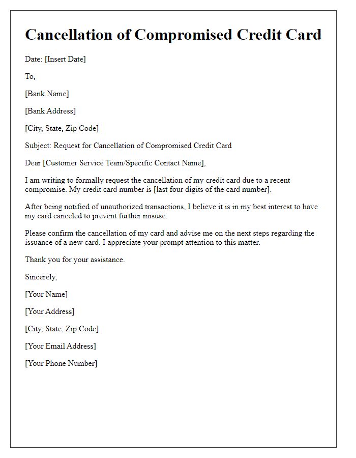 Letter template of cancellation of compromised credit card