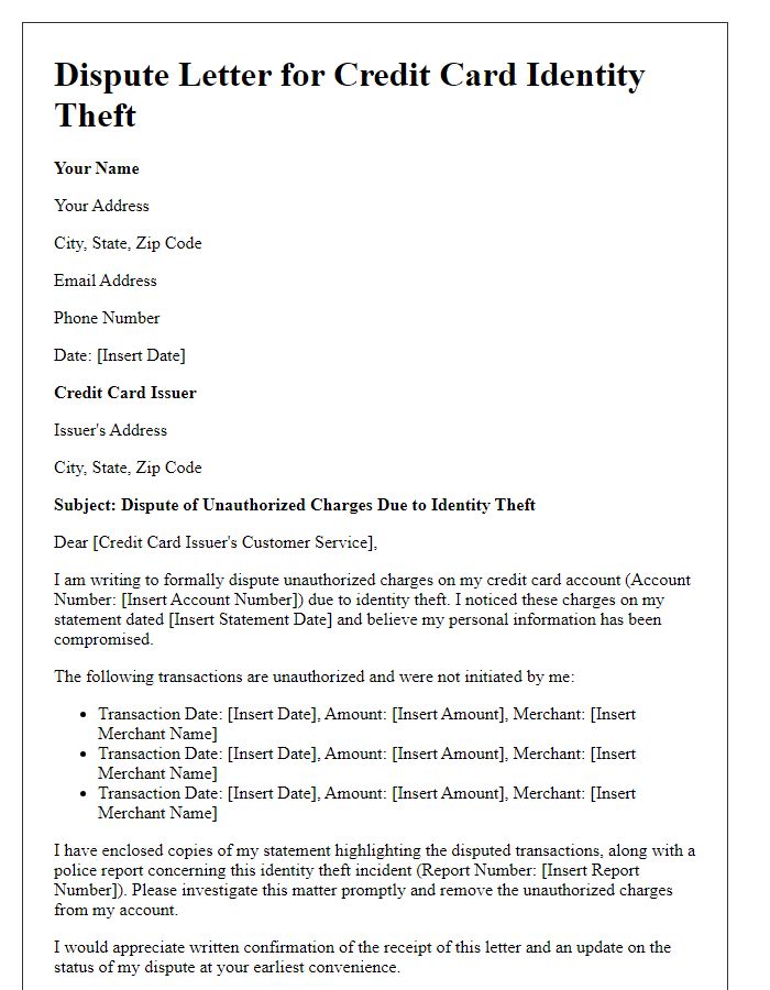 Letter template of credit card identity theft dispute