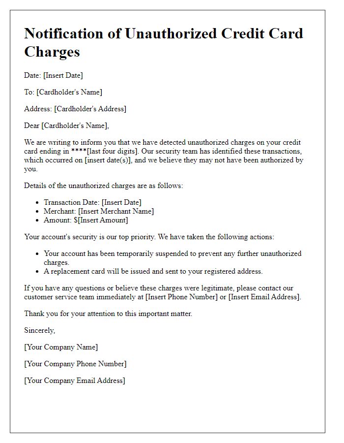 Letter template of notification for unauthorized credit card charges