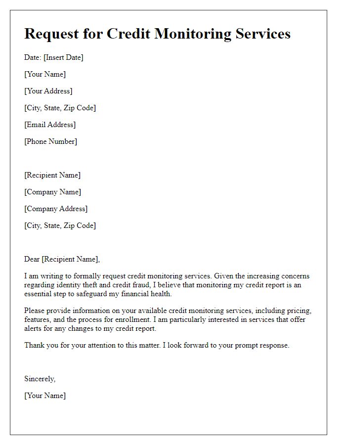 Letter template of request for credit monitoring services