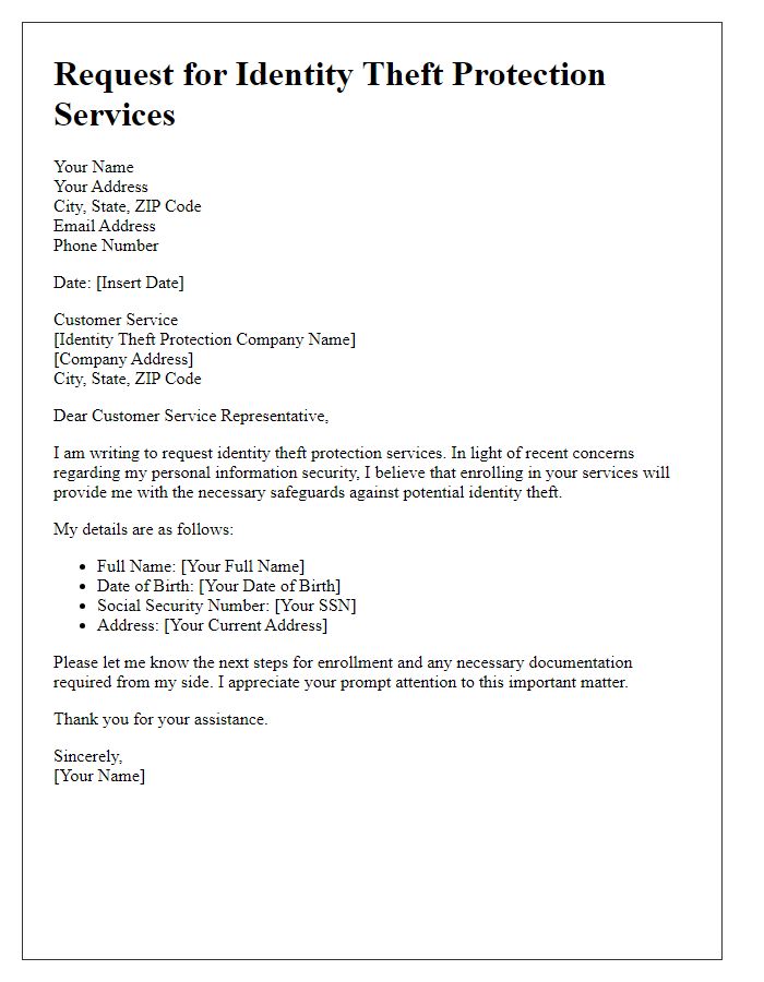 Letter template of request for identity theft protection services