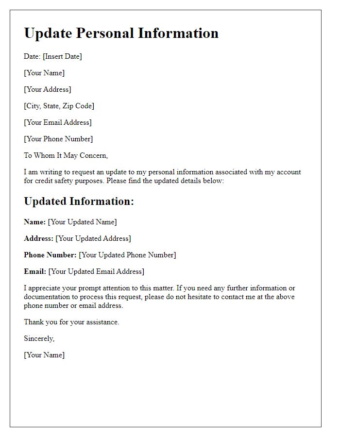 Letter template of updating personal information for credit safety