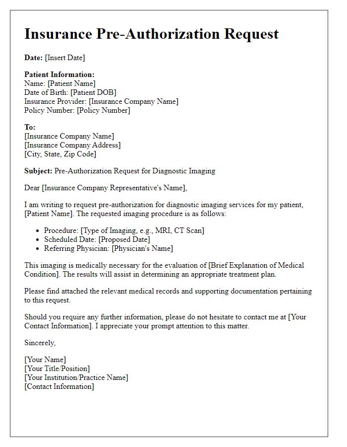 Letter template of insurance pre-authorization request for diagnostic imaging