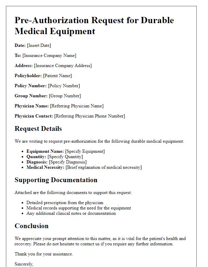 Letter template of insurance pre-authorization request for durable medical equipment