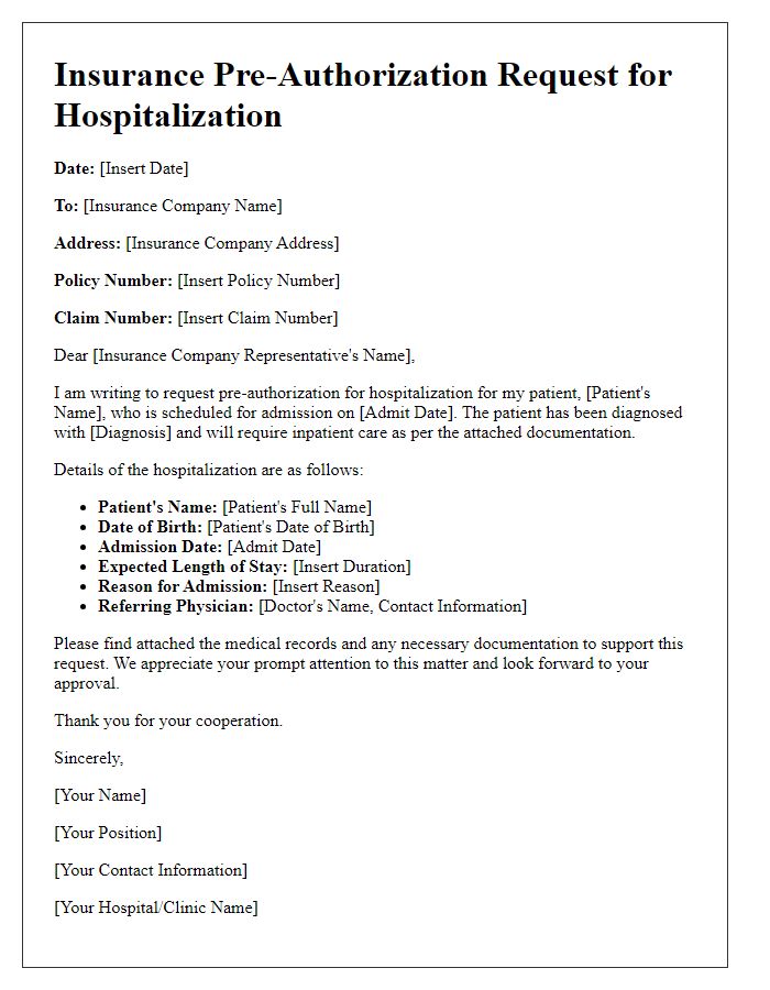 Letter template of insurance pre-authorization request for hospitalization