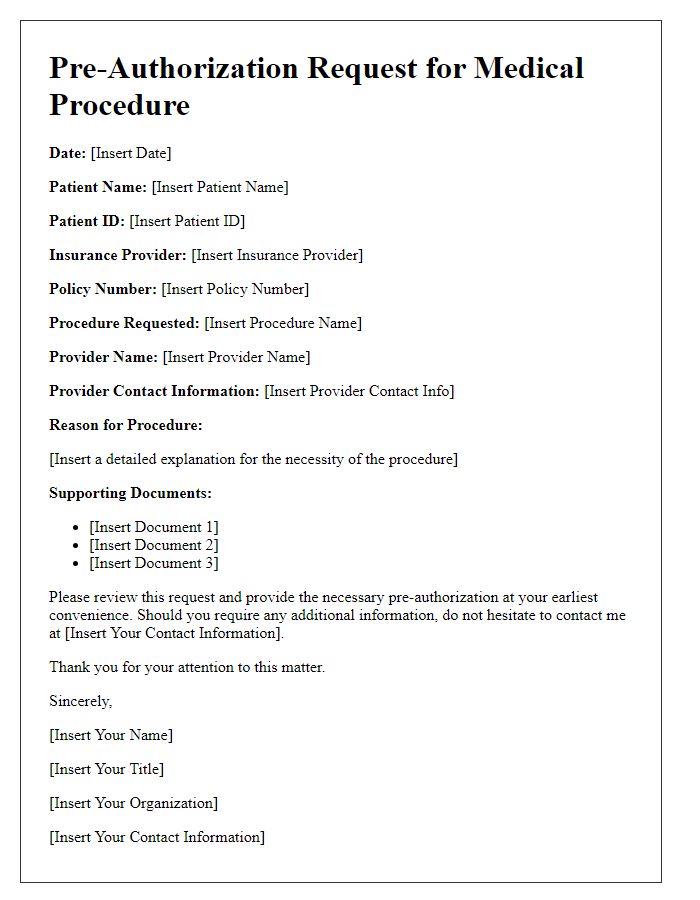 Letter template of insurance pre-authorization request for medical procedure