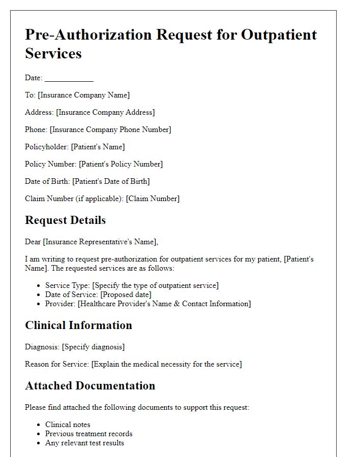 Letter template of insurance pre-authorization request for outpatient services