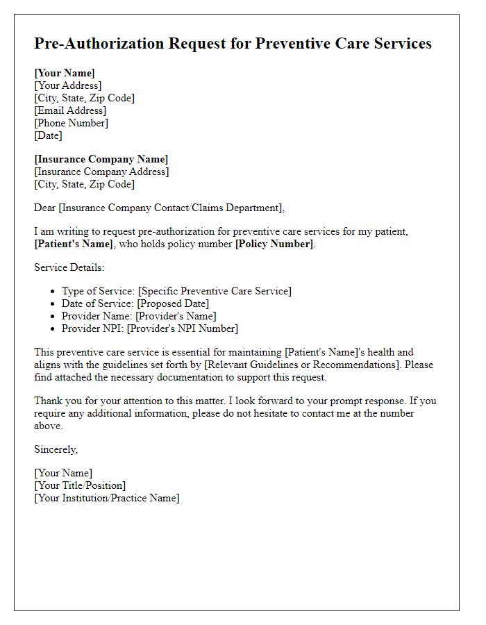 Letter template of insurance pre-authorization request for preventive care services