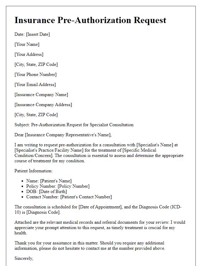 Letter template of insurance pre-authorization request for specialist consultation