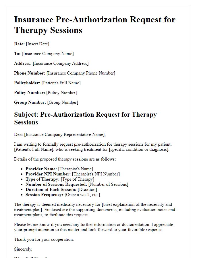 Letter template of insurance pre-authorization request for therapy sessions