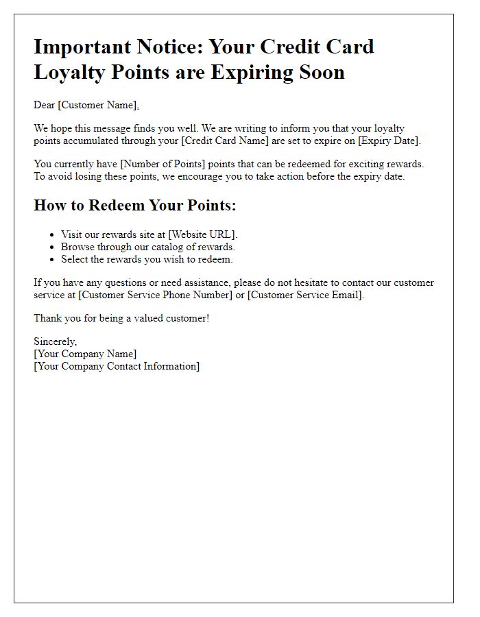 Letter template of credit card loyalty points expiry warning