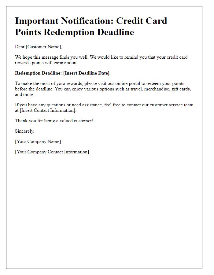 Letter template of credit card points redemption deadline notification