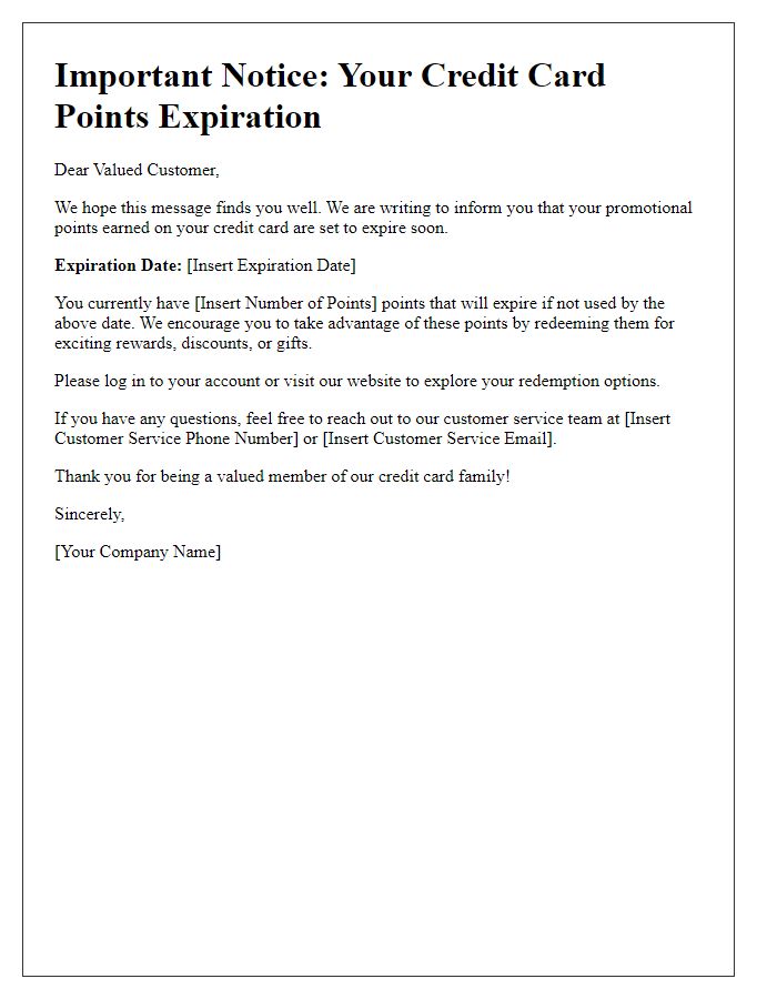 Letter template of credit card promotional points expiration notice