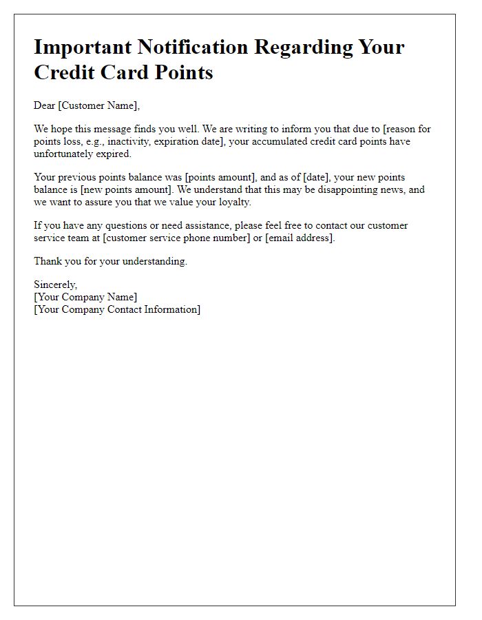 Letter template of notification for credit card points loss