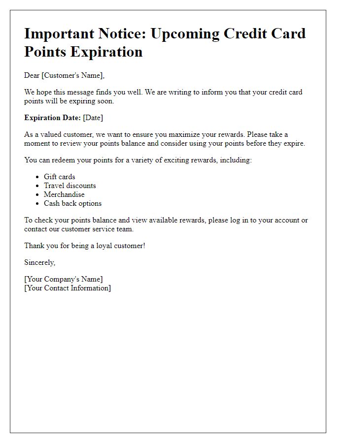 Letter template of upcoming credit card points expiration