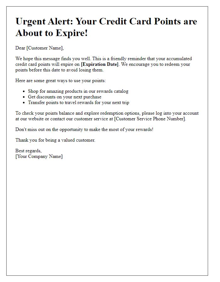 Letter template of urgent alert for credit card points expiration