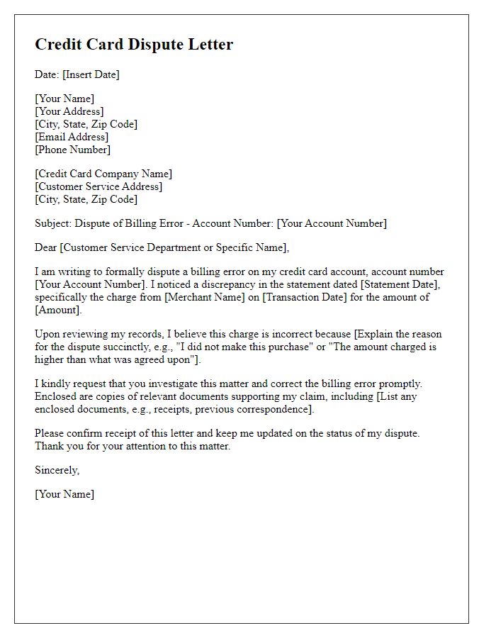 Letter template of credit card dispute for billing error correction.