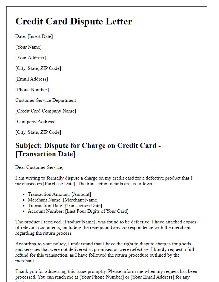 Letter template of credit card dispute for defective product return.