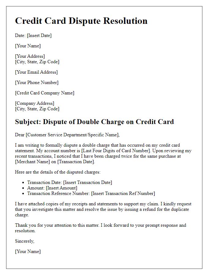 Letter template of credit card dispute for double charge resolution.