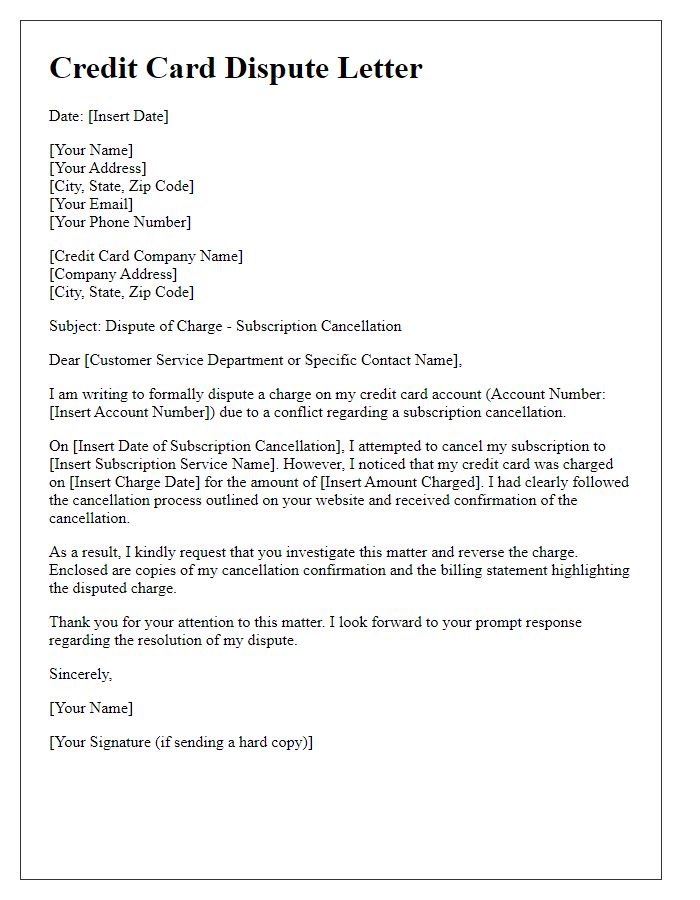 Letter template of credit card dispute for subscription cancellation conflict.