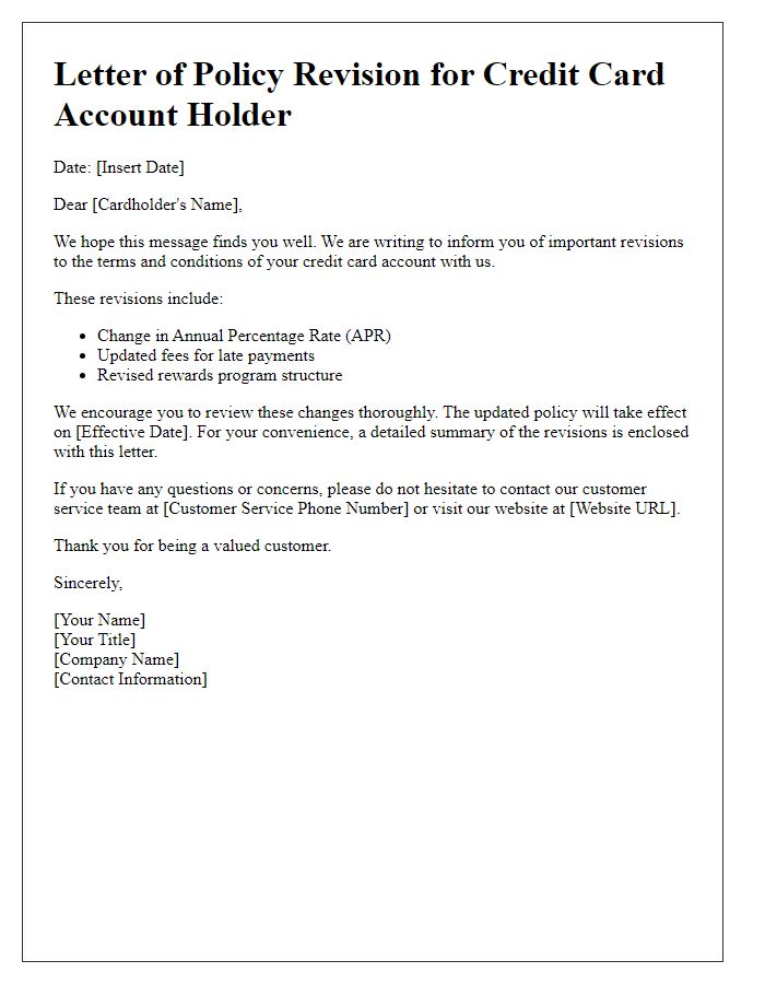 Letter template of credit card account holder policy revision