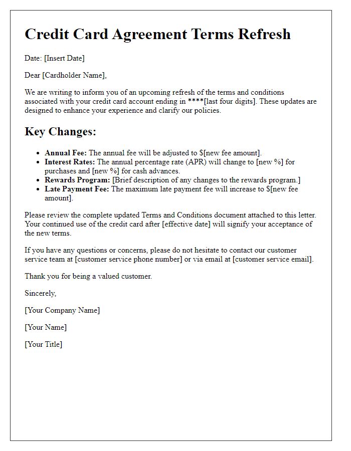 Letter template of credit card agreement terms refresh