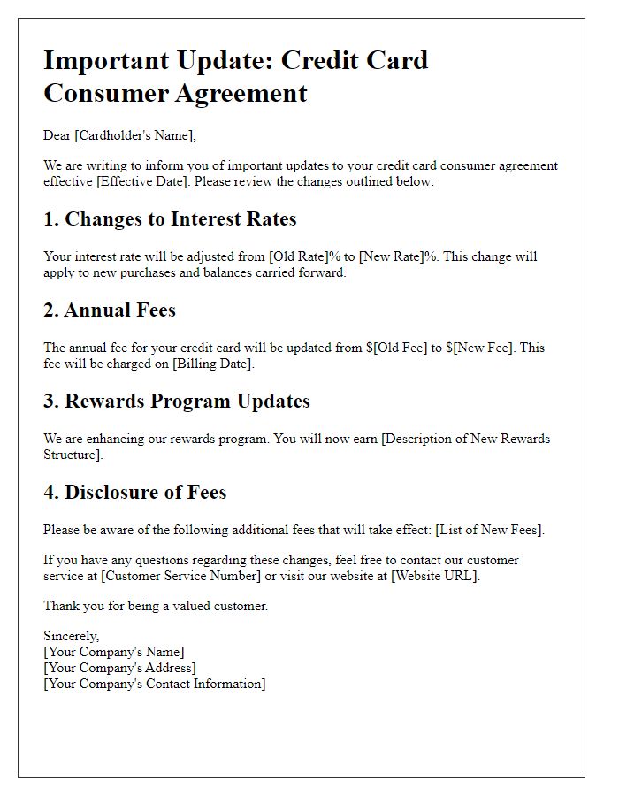 Letter template of credit card consumer agreement update