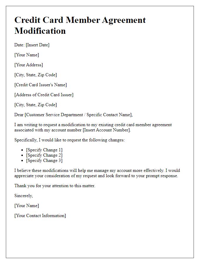 Letter template of credit card member agreement modification