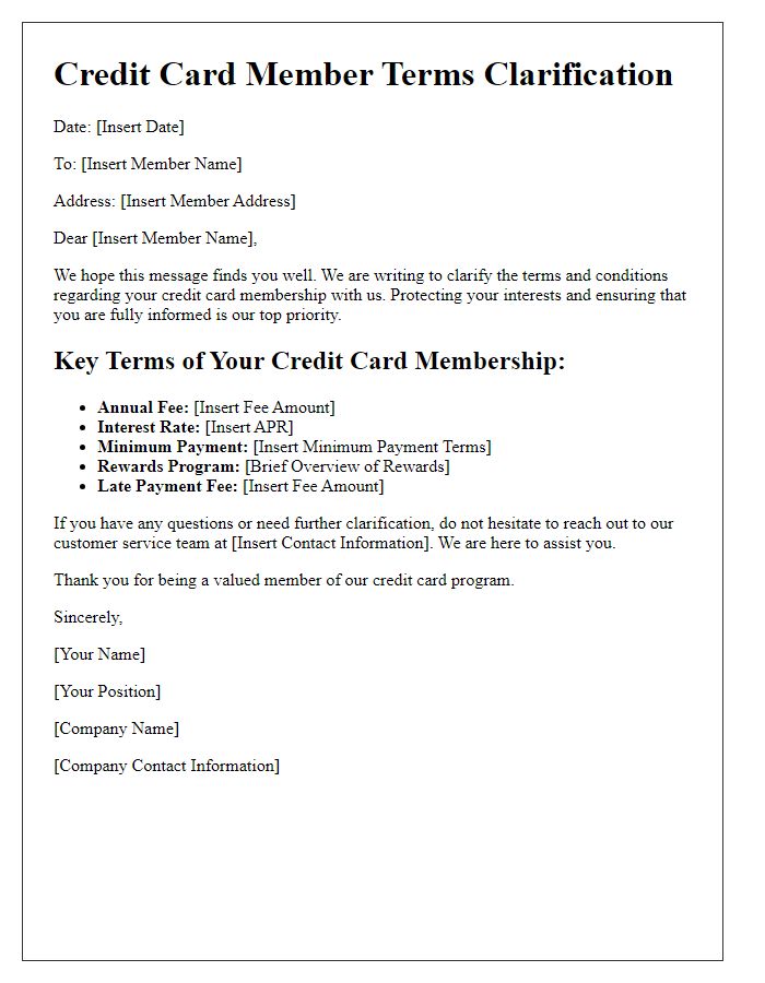 Letter template of credit card member terms clarification