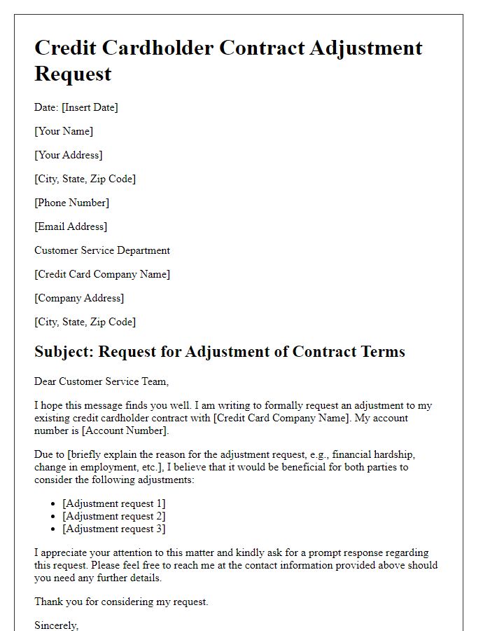 Letter template of credit cardholder contract adjustment